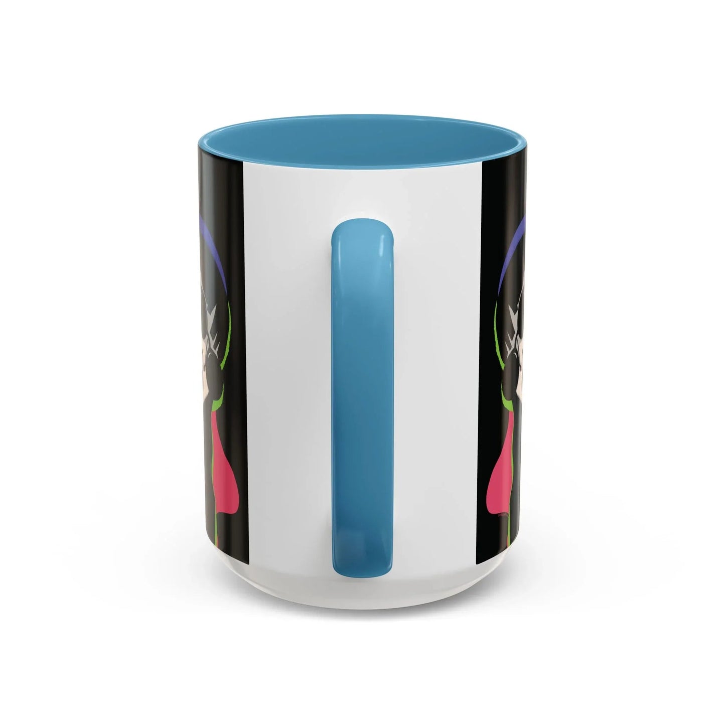 Strikingly contrasted glossy light blue interior and handle are shown near the glossy exterior side of mug, displaying a sleek and edgy design.