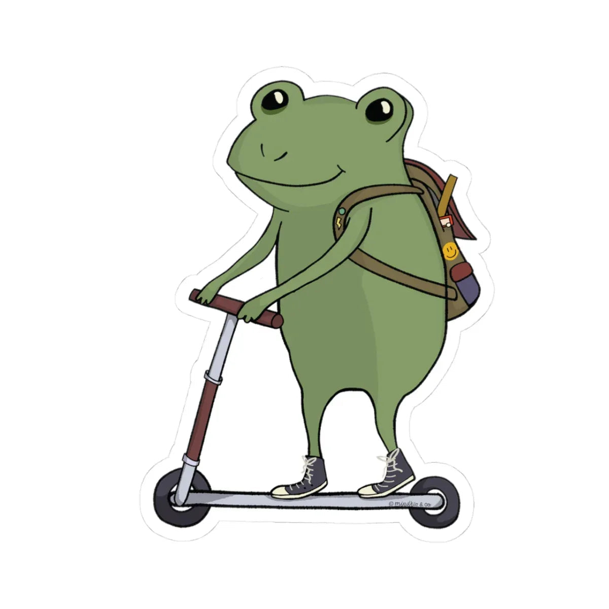 Glossy, scratch-resistant sticker of a cartoon green frog that rides a scooter while wearing sneakers and a backpack. Exudes a playful and cheerful vibe.