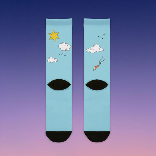 "Sunny Outlook" Crew Socks - Blue Sky Whimsical Sublimation Socks with Sun, Clouds & Kites Mindkin & Co.