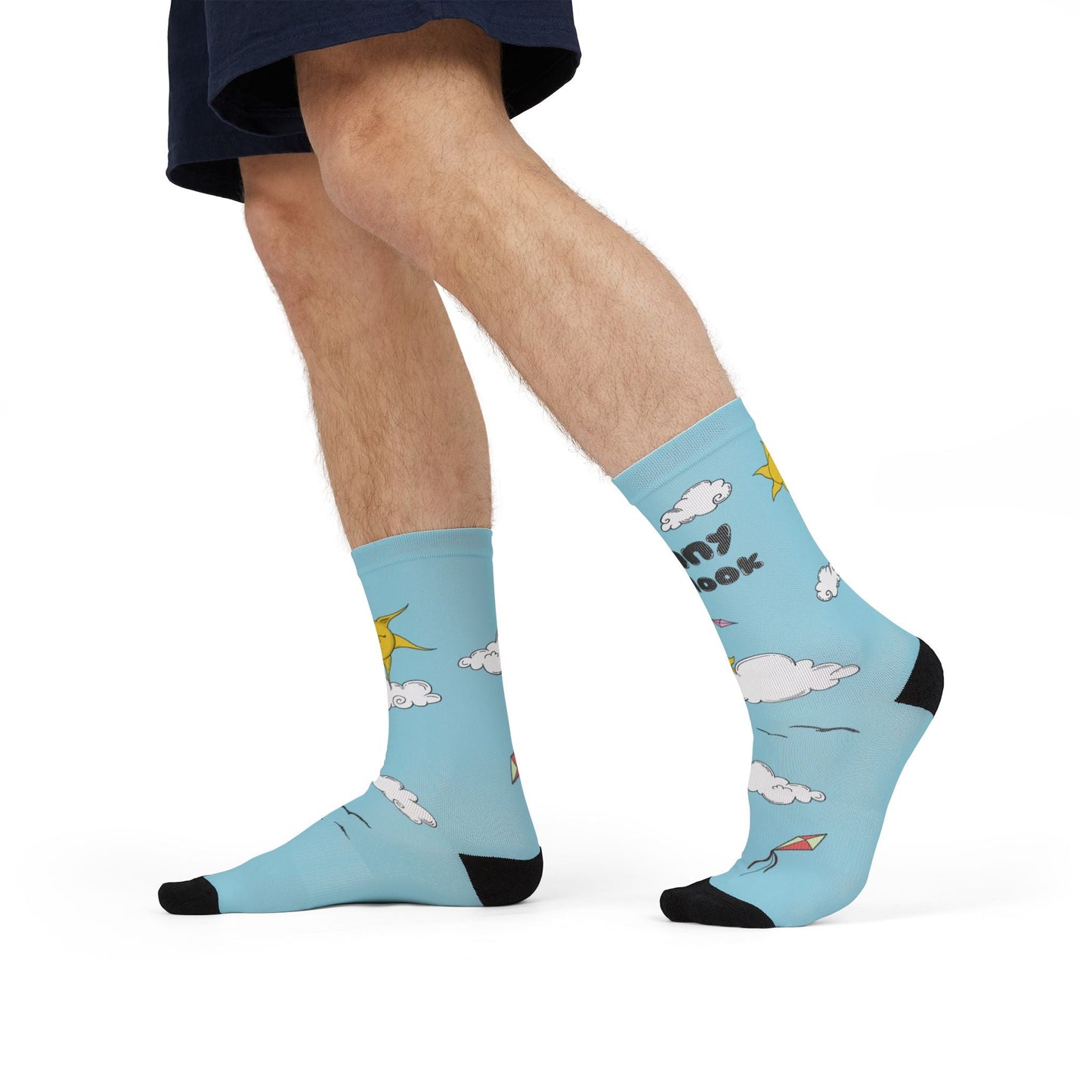 "Sunny Outlook" Crew Socks - Blue Sky Whimsical Sublimation Socks with Sun, Clouds & Kites Mindkin & Co.