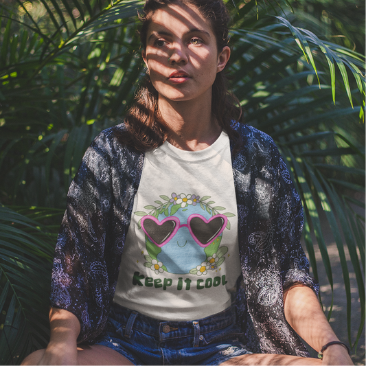 Keep It Cool Earth Graphic T-Shirt – Cute Heart Sunglasses Design Tee Mindkin & Co.
