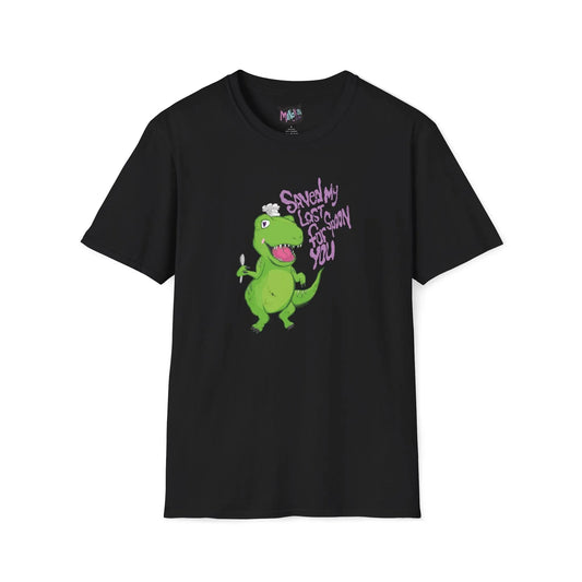 Black T-shirt with a green dinosaur holding a spoon, wearing a white chef hat on its head. Purple text reads, "Saved My Last Spoon For You." Playful tone.