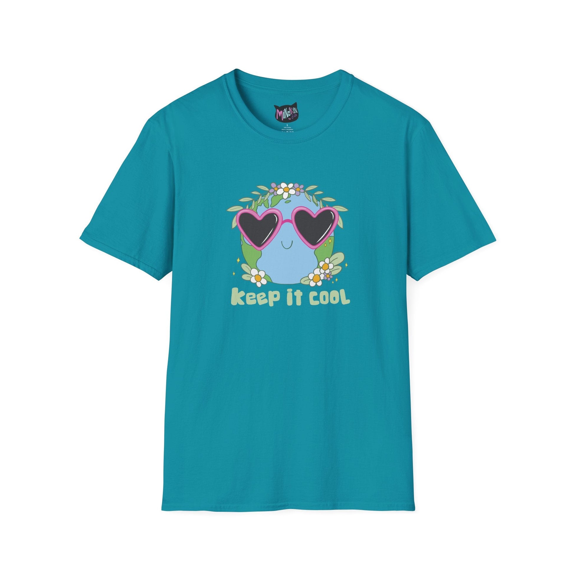 Keep It Cool Earth Graphic T-Shirt – Cute Heart Sunglasses Design Tee  Mindkin & Co. 