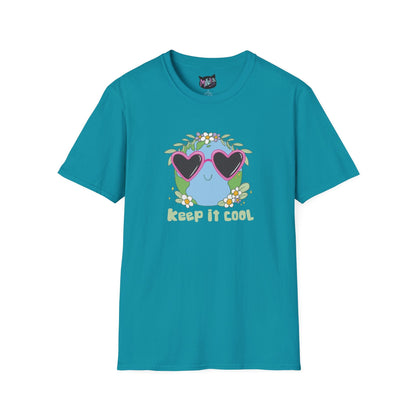 Keep It Cool Earth Graphic T-Shirt – Cute Heart Sunglasses Design Tee  Mindkin & Co. 