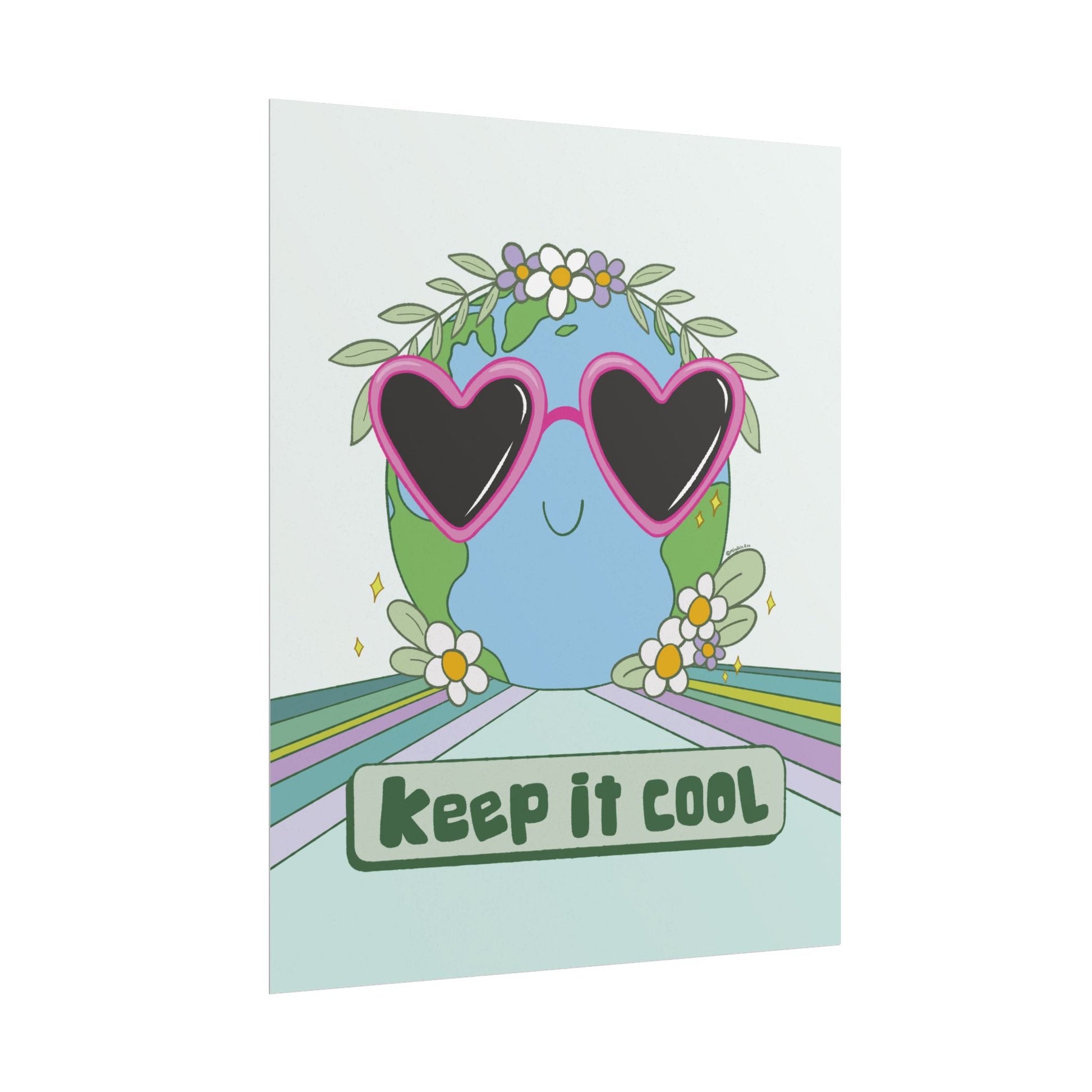 Keep It Cool Earth Poster – Retro Cute Planet Wall Art Print with Heart Sunglasses, Pastel Aesthetic Home Decor, Nature Illustration Gift Mindkin & Co