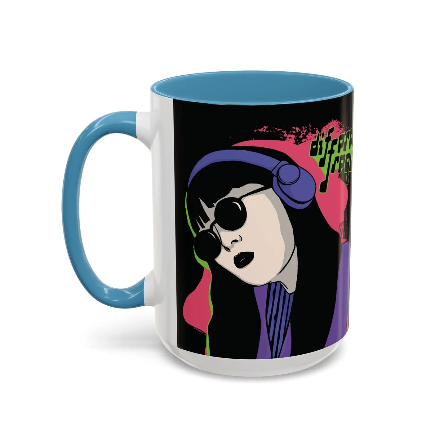 A sleek glossy black mug featuring an illustration of a girl with long dark hair, wearing sunglasses and headphones, neon green text says "different frequency" beside her. The style is grunge and retro, with the interior mug and handle in a glossy light blue finish.