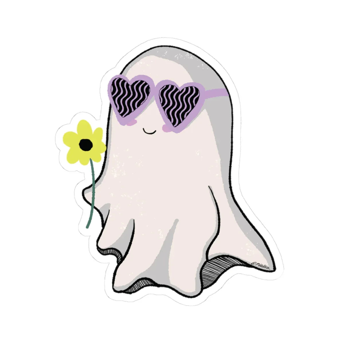 Glossy, scratch-resistant sticker of cute ghost wearing heart-shaped sunglasses and holding a yellow flower. The illustration conveys a playful and cheerful vibe.