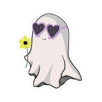 Glossy, scratch-resistant sticker of cute ghost wearing heart-shaped sunglasses and holding a yellow flower. The illustration conveys a playful and cheerful vibe.