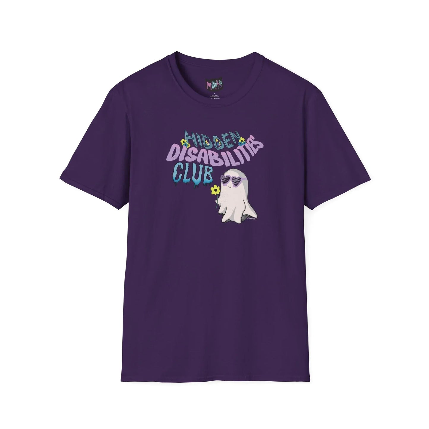 Purple T-shirt with the words "Hidden Disabilities Club" in colorful, playful fonts with flowers surrounding the word "Hidden". Features a cute ghost wearing heart-shaped sunglasses and holding a small yellow flower. 