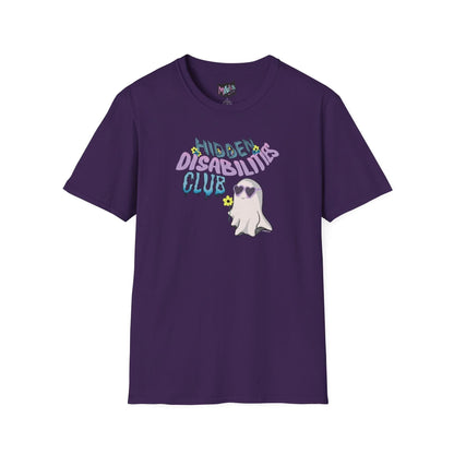Purple T-shirt with the words "Hidden Disabilities Club" in colorful, playful fonts with flowers surrounding the word "Hidden". Features a cute ghost wearing heart-shaped sunglasses and holding a small yellow flower. 