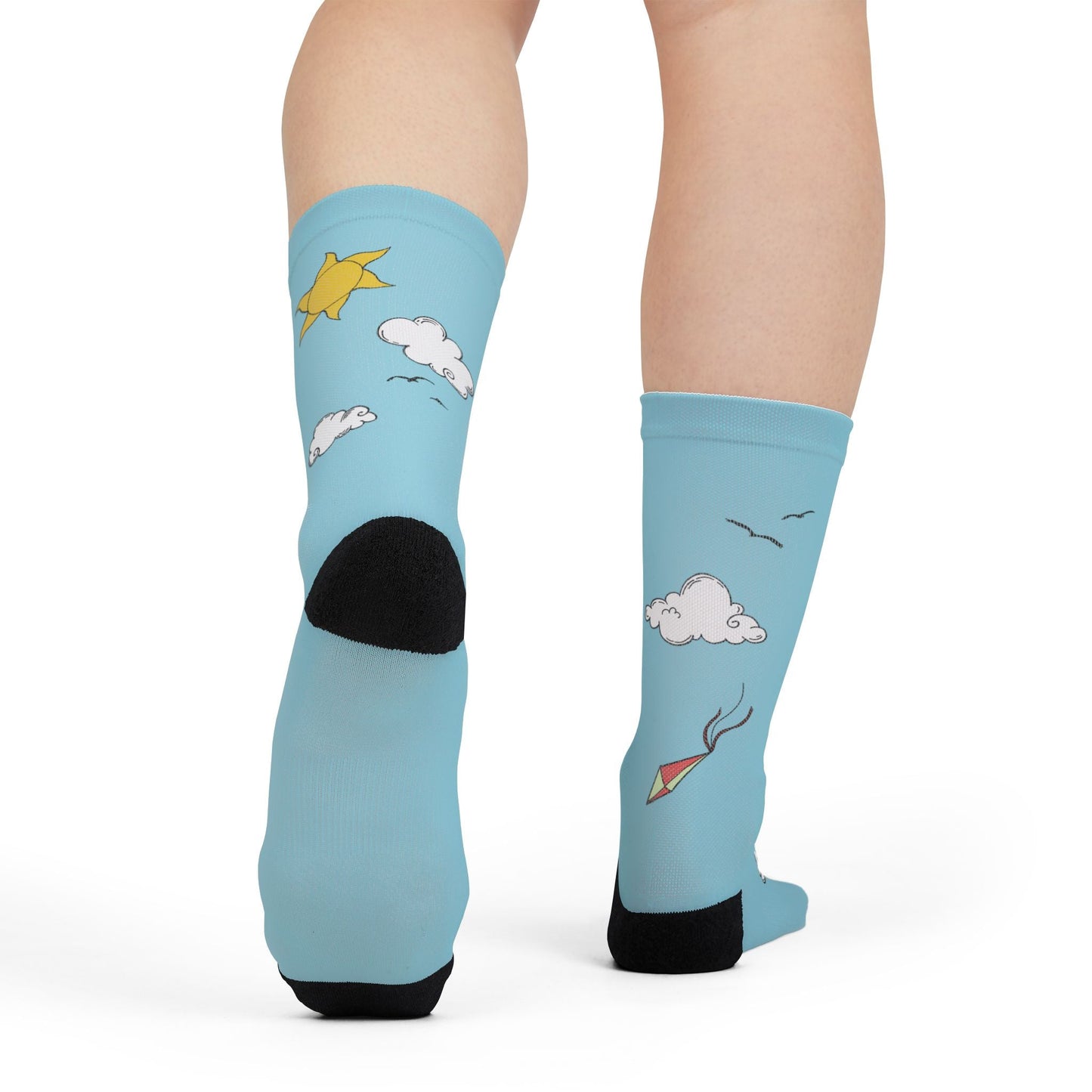 "Sunny Outlook" Crew Socks - Blue Sky Whimsical Sublimation Socks with Sun, Clouds & Kites  Mindkin & Co. 