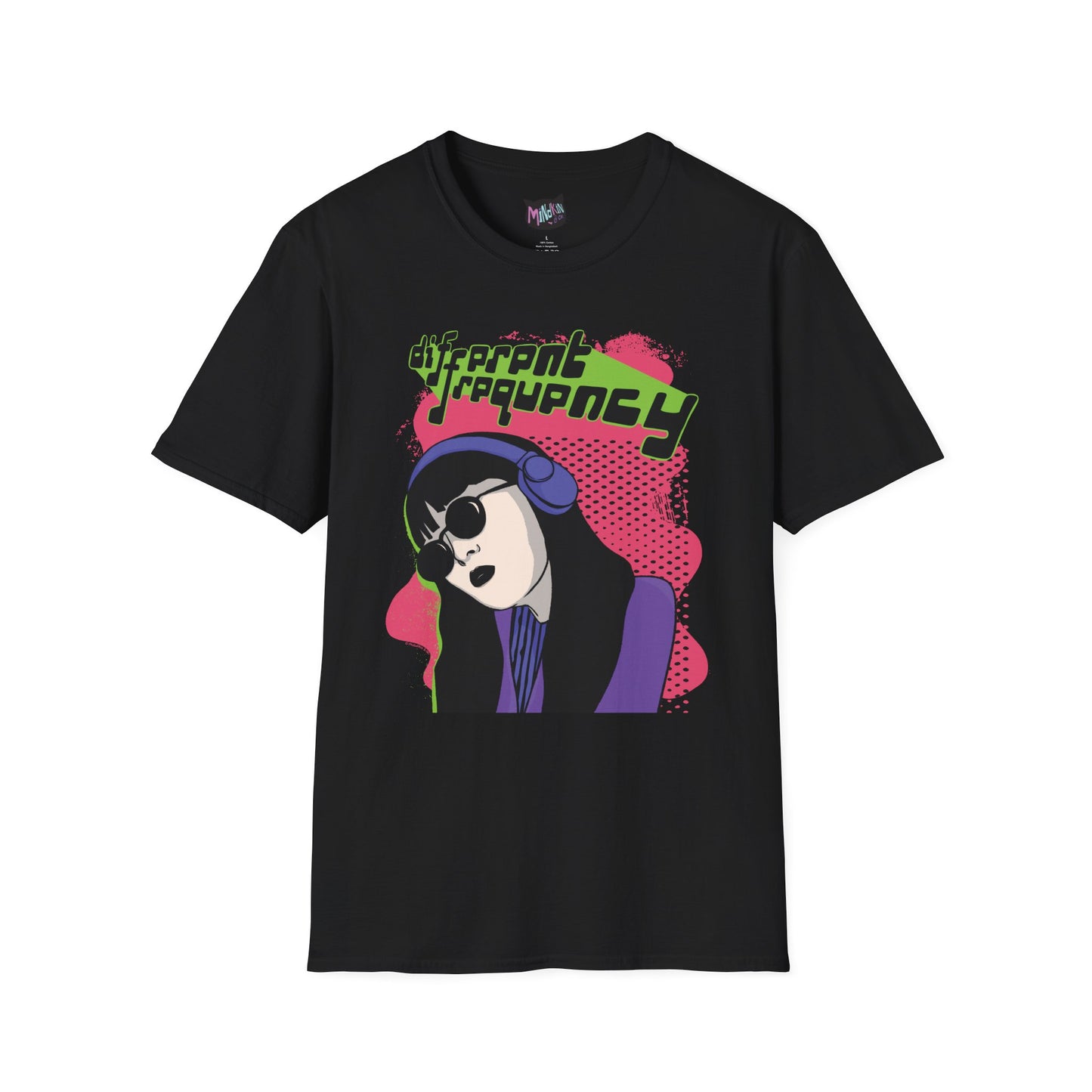 Black unisex t-shirt featuring a hand-drawn retro cybergirl in neon colors with ‘Different Frequency’ text, cyberpunk streetwear style