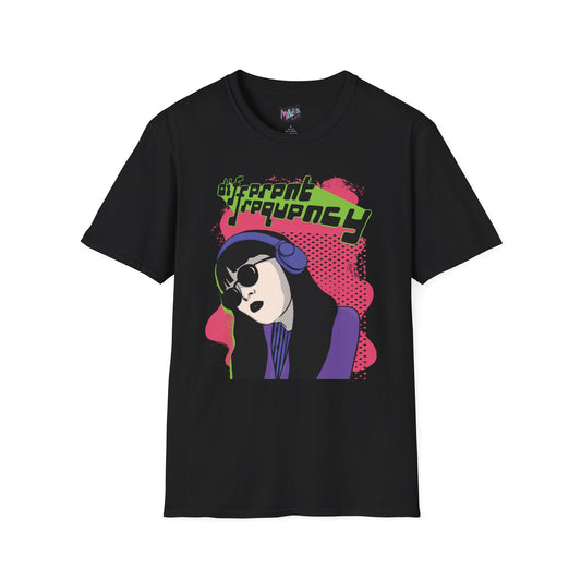 Black unisex t-shirt featuring a hand-drawn retro cybergirl in neon colors with ‘Different Frequency’ text, cyberpunk streetwear style
