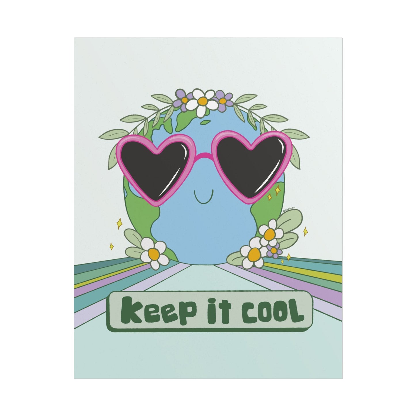 Keep It Cool Earth Poster – Retro Cute Planet Wall Art Print with Heart Sunglasses, Pastel Aesthetic Home Decor, Nature Illustration Gift Mindkin & Co