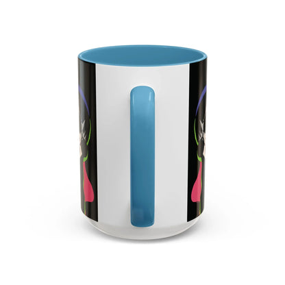 Strikingly contrasted glossy light blue interior and handle are shown near the glossy exterior side of mug, displaying a sleek and edgy design.
