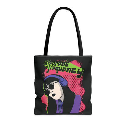 Illustrated black tote bag with a stylish person wearing headphones and sunglasses on a pink background. Text reads "different frequency." Retro vibe.