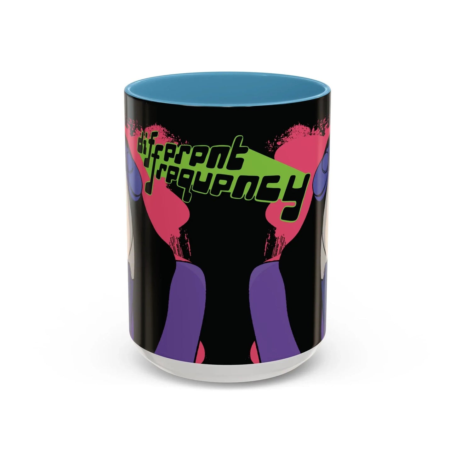 Side of mug with a glossy black exterior and glossy blue interior, and the phrase "different frequency" in bold, stylized neon green and black text. 