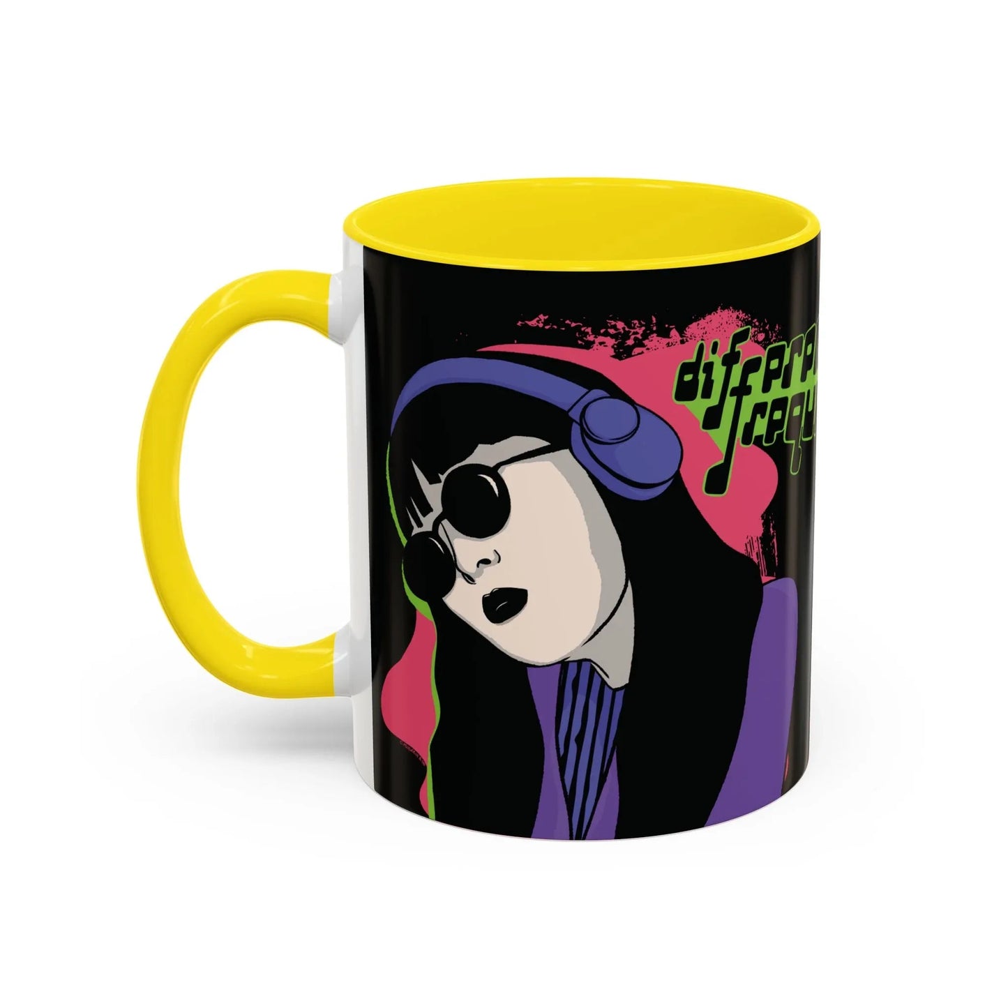 A sleek glossy black mug featuring an illustration of a girl with long dark hair, wearing sunglasses and headphones, neon green text says "different frequency" beside her. The style is grunge and retro, with the interior mug and handle in a glossy yellow finish.