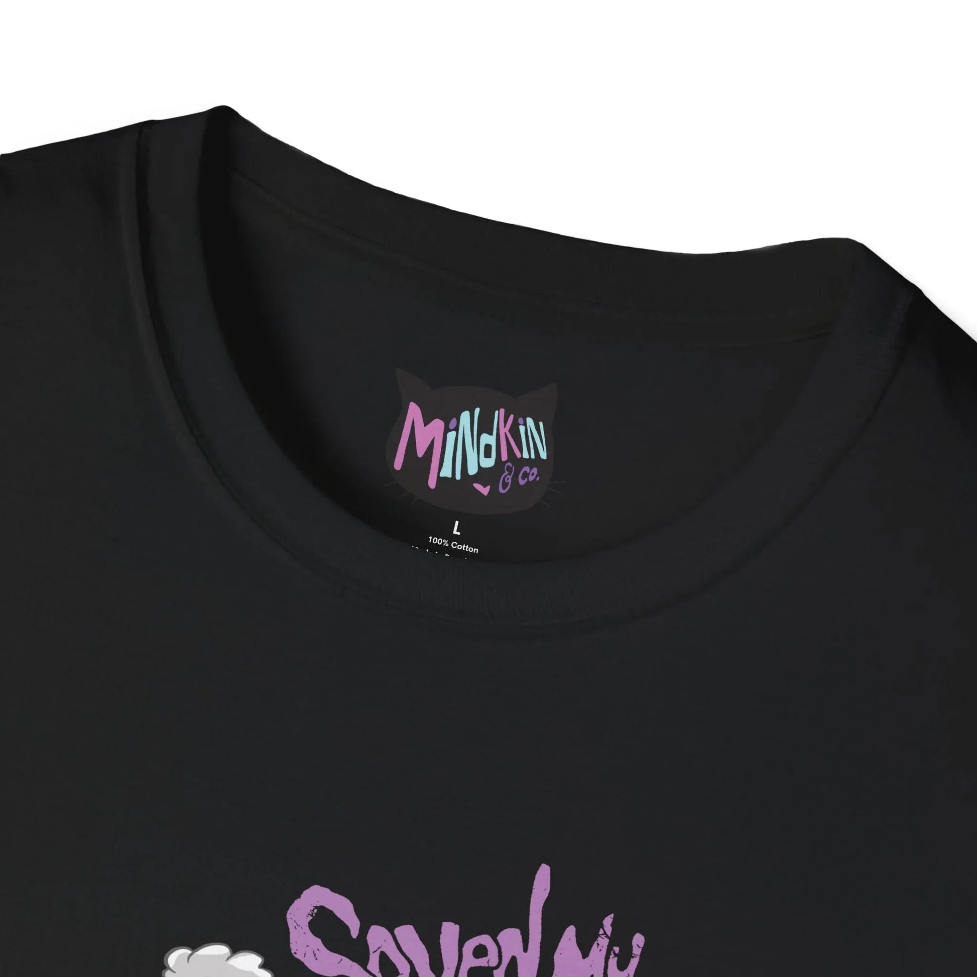 Close-up of a black t-shirt ribbed collar featuring a colorful label with "Mindkin & Co." in pastel colors inside a cat silhouette. Displays a playful, retro design.