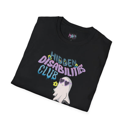 Folded black t-shirt featuring "Hidden Disabilities Club" text with a cute ghost wearing pastel purple sunglasses and holding a flower. Fun and inclusive design.
