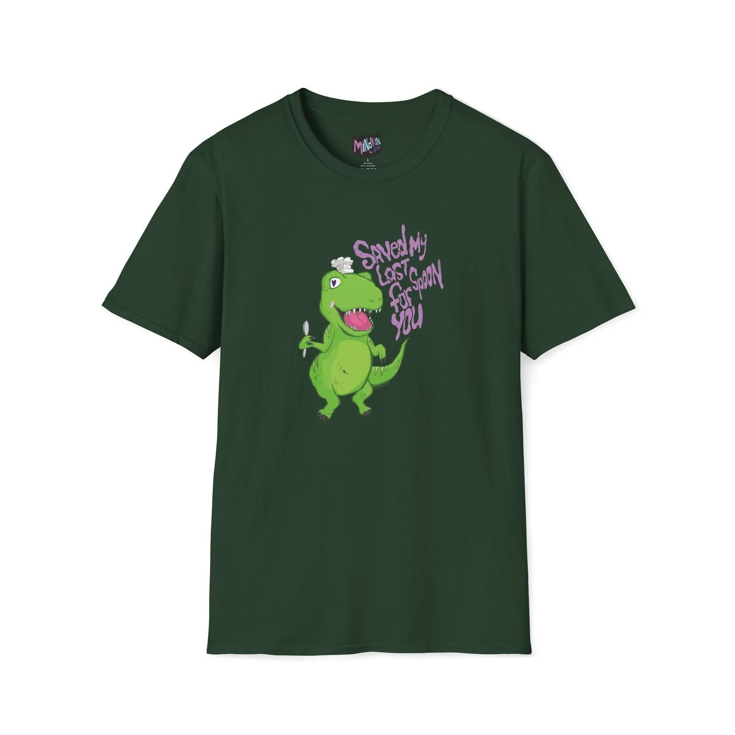 Green T-shirt with a green dinosaur holding a spoon, wearing a white chef hat on its head. Purple text reads, "Saved My Last Spoon For You." Playful tone.