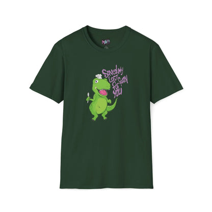 Green T-shirt with a green dinosaur holding a spoon, wearing a white chef hat on its head. Purple text reads, "Saved My Last Spoon For You." Playful tone.