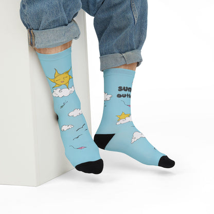 "Sunny Outlook" Crew Socks - Blue Sky Whimsical Sublimation Socks with Sun, Clouds & Kites  Mindkin & Co. 