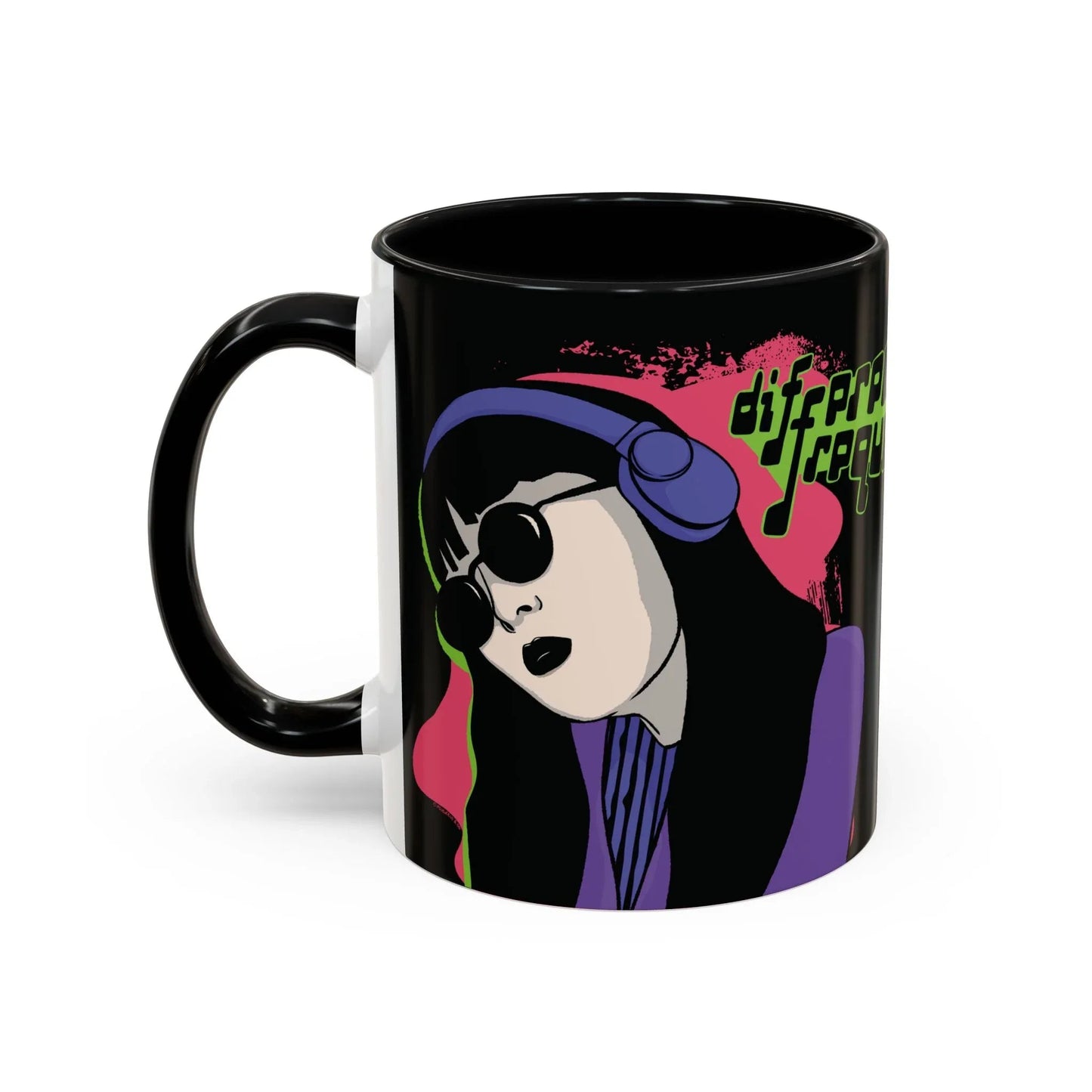 A sleek glossy black mug featuring an illustration of a girl with long dark hair, wearing sunglasses and headphones, neon green text says "different frequency" beside her. The style is grunge and retro.