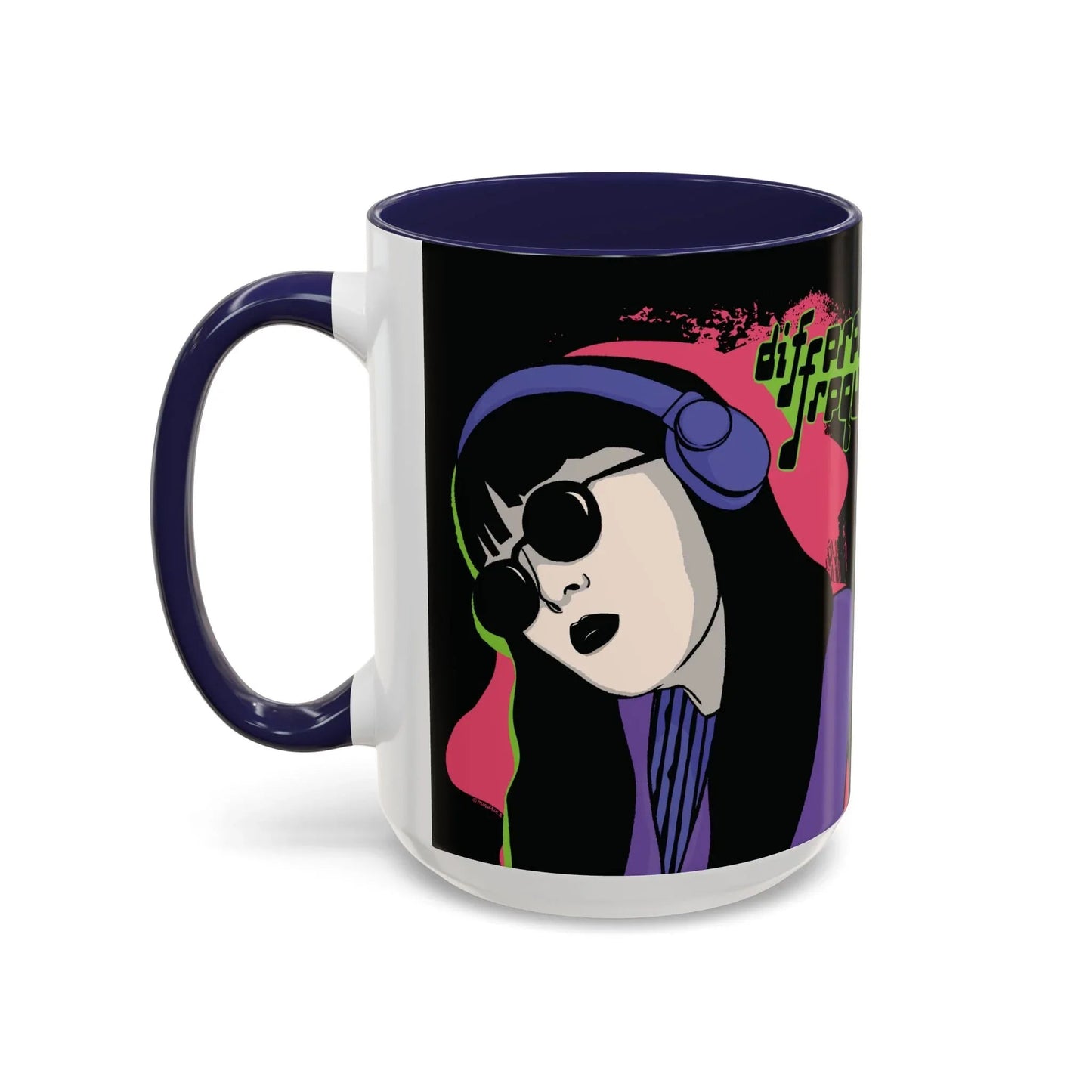 A sleek glossy black mug featuring an illustration of a girl with long dark hair, wearing sunglasses and headphones, neon green text says "different frequency" beside her. The style is grunge and retro, with the interior mug and handle in a glossy navy finish.