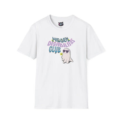 White T-shirt with the words "Hidden Disabilities Club" in colorful, playful fonts with flowers surrounding the word "Hidden". Features a cute ghost wearing heart-shaped sunglasses and holding a small yellow flower. 