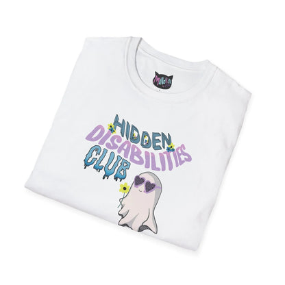 Folded white t-shirt featuring "Hidden Disabilities Club" text with a cute ghost wearing pastel purple sunglasses and holding a flower. Fun and inclusive design.