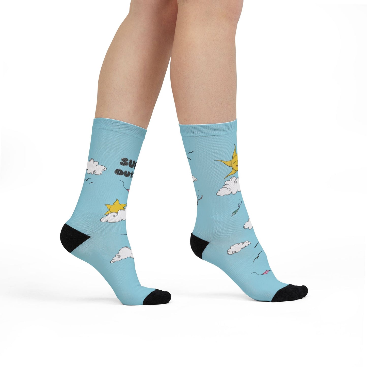 "Sunny Outlook" Crew Socks - Blue Sky Whimsical Sublimation Socks with Sun, Clouds & Kites  Mindkin & Co. 
