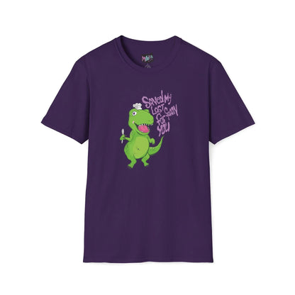 Purple T-shirt with a green dinosaur holding a spoon, wearing a white chef hat on its head. Purple text reads, "Saved My Last Spoon For You." Playful tone.