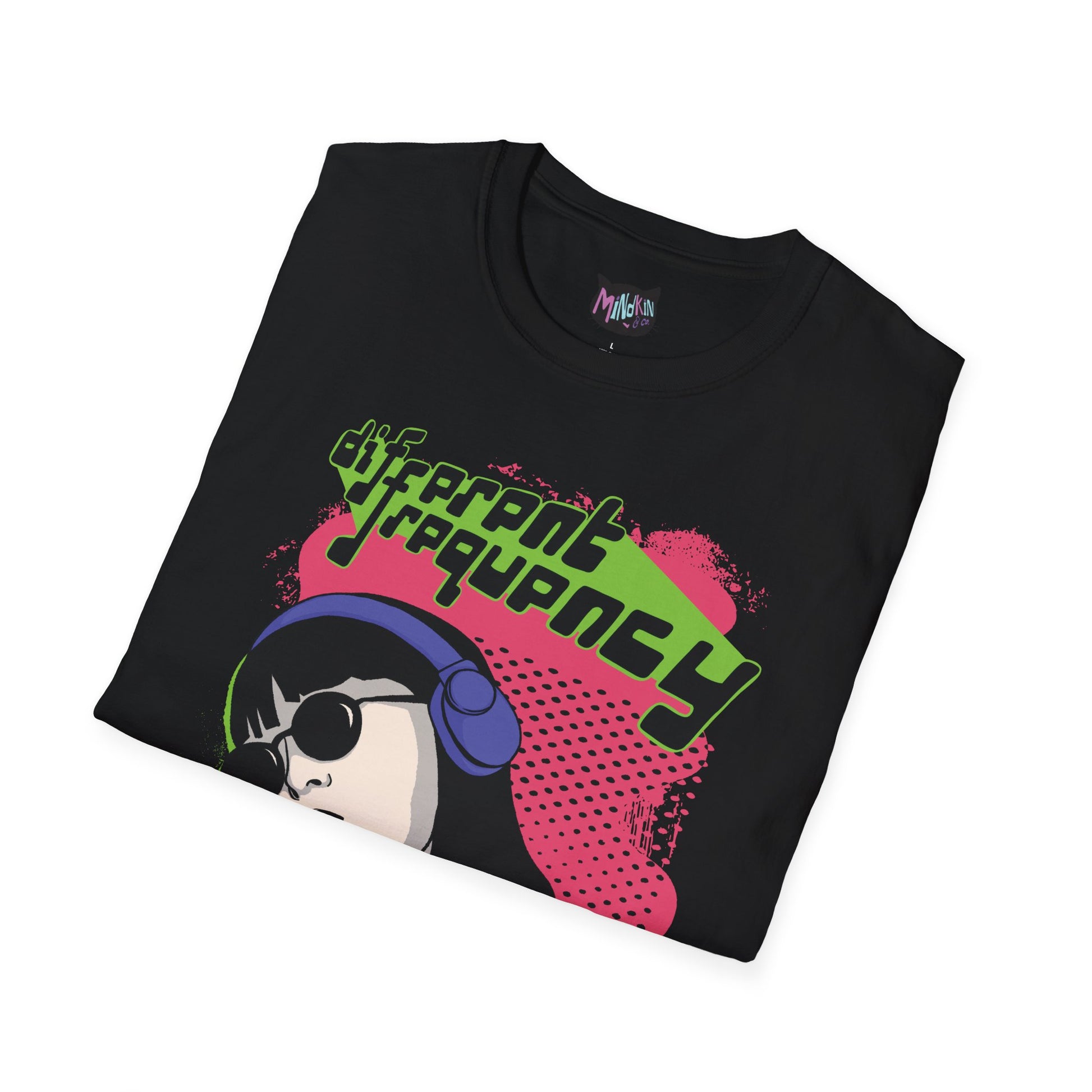 Close-up of neon cybergirl illustration with headset and ‘Different Frequency’ text on black cyberpunk graphic t-shirt