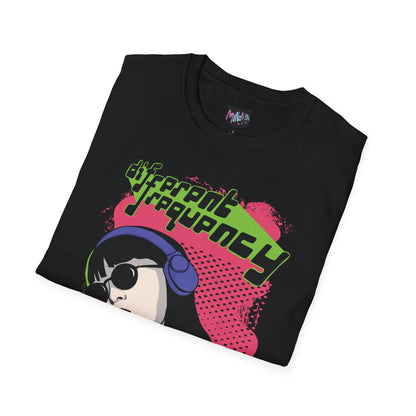 Close-up of neon cybergirl illustration with headset and ‘Different Frequency’ text on black cyberpunk graphic t-shirt