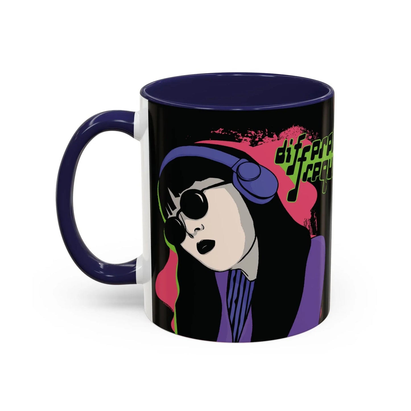 A sleek glossy black mug featuring an illustration of a girl with long dark hair, wearing sunglasses and headphones, neon green text says "different frequency" beside her. The style is grunge and retro, with the interior mug and handle in a glossy navy finish.