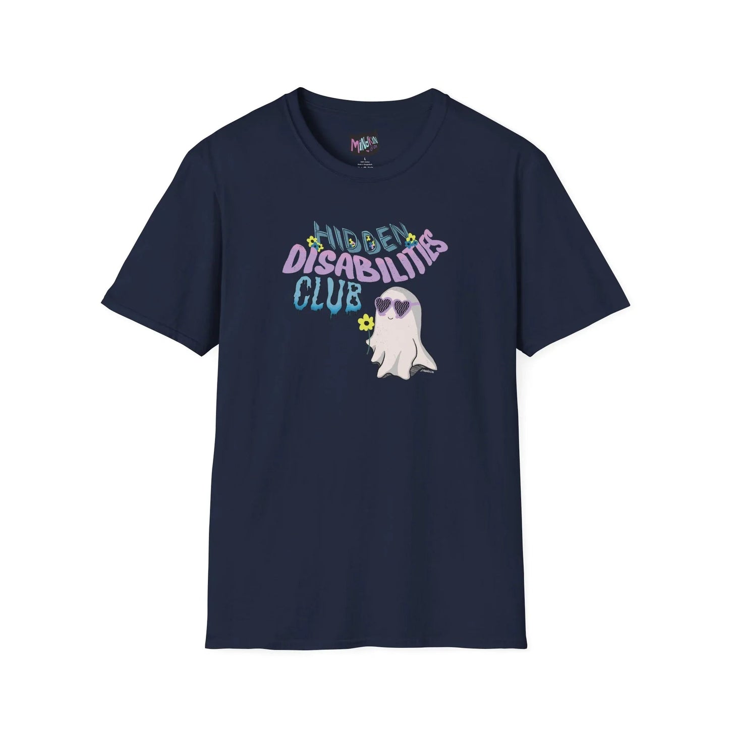 Navy T-shirt with the words "Hidden Disabilities Club" in colorful, playful fonts with flowers surrounding the word "Hidden". Features a cute ghost wearing heart-shaped sunglasses and holding a small yellow flower. 