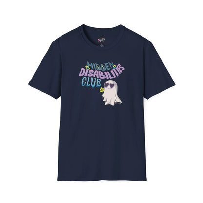 Navy T-shirt with the words "Hidden Disabilities Club" in colorful, playful fonts with flowers surrounding the word "Hidden". Features a cute ghost wearing heart-shaped sunglasses and holding a small yellow flower. 