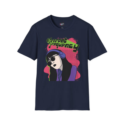 Navy unisex cybergirl graphic tee with colorful neon cyberpunk illustration and bold front print
