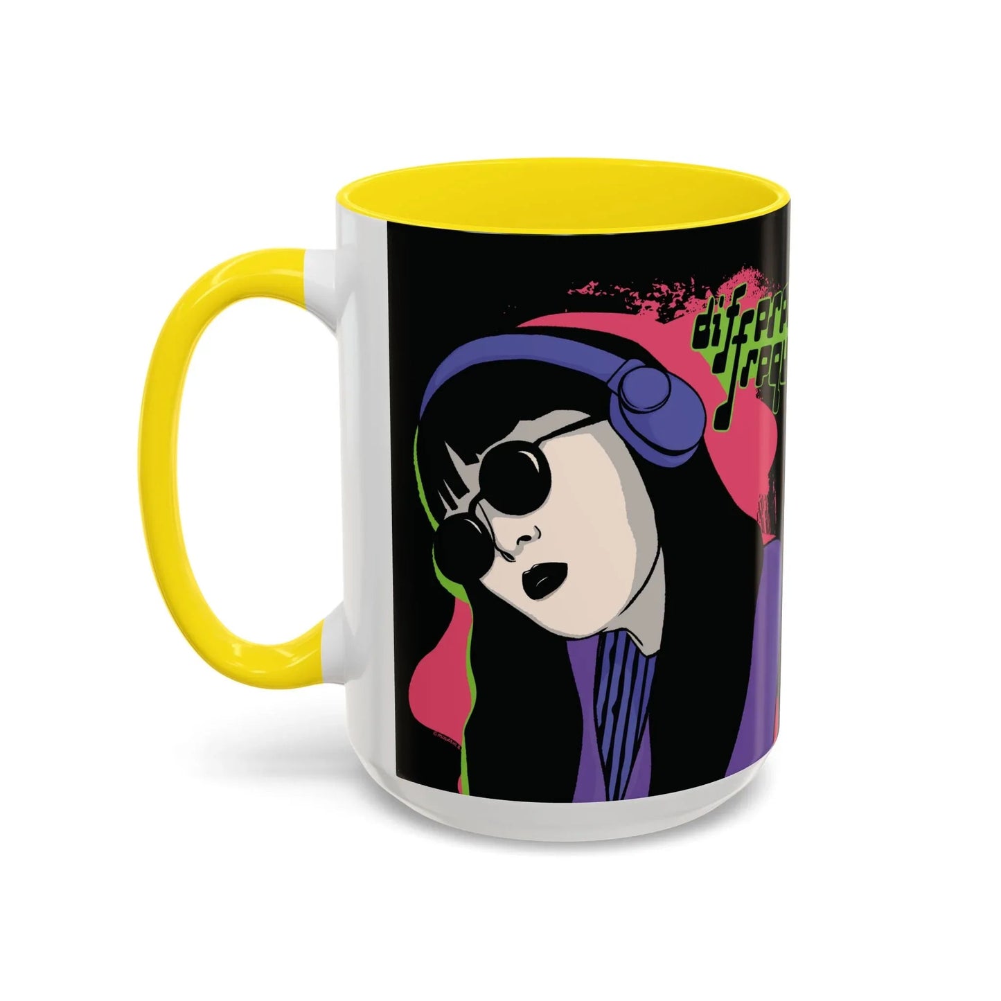 A sleek glossy black mug featuring an illustration of a girl with long dark hair, wearing sunglasses and headphones, neon green text says "different frequency" beside her. The style is grunge and retro, with the interior mug and handle in a glossy yellow finish.