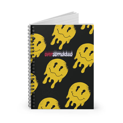 Notebook cover with yellow, drippy smiley faces on a black background. In the center, the word "overstimulated" appears in mixed red and white graffiti font.