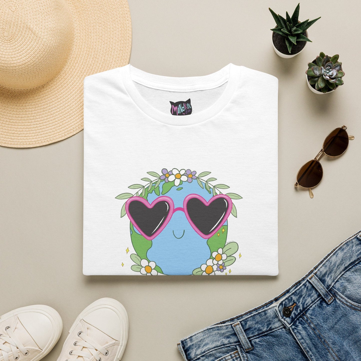 Keep It Cool Earth Graphic T-Shirt – Cute Heart Sunglasses Design Tee  Mindkin & Co. 