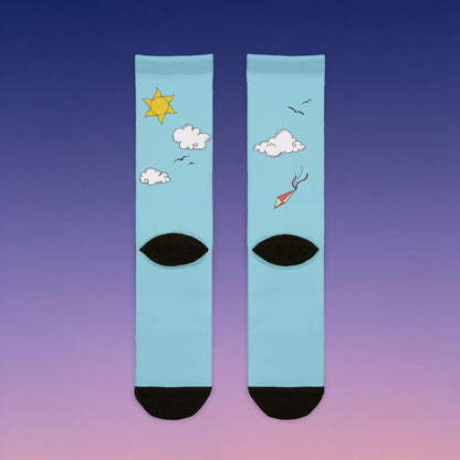 "Sunny Outlook" Crew Socks - Blue Sky Whimsical Sublimation Socks with Sun, Clouds & Kites  Mindkin & Co. 