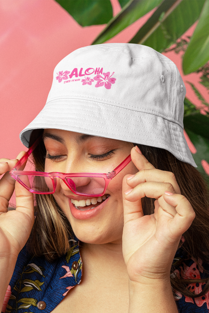 Aloha State of Mind Bucket Hat - Limited Release Design - Pink Hibiscus Tropical Vacation Summer Sun Hat  Mindkin & Co. 