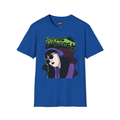 Royal blue retro graphic t-shirt with neon cybergirl design and ‘Different Frequency’ text in cyberpunk style
