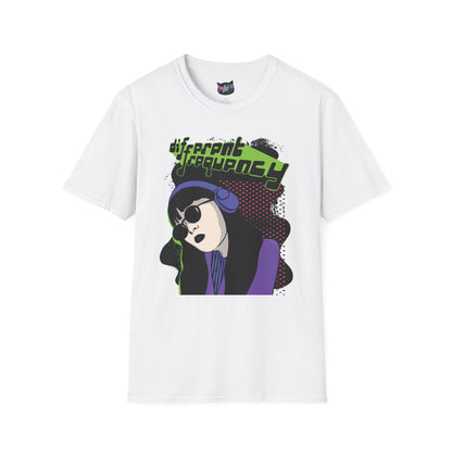 White unisex retro cybergirl graphic tee featuring neon cyberpunk girl illustration with ‘Different Frequency’ text