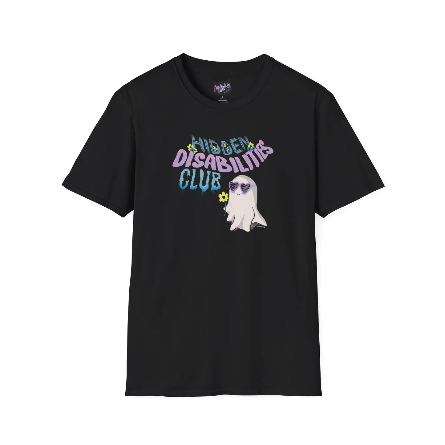 Black T-shirt with the words "Hidden Disabilities Club" in colorful, playful fonts with flowers surrounding the word "Hidden". Features a cute ghost wearing heart-shaped sunglasses and holding a small yellow flower. 