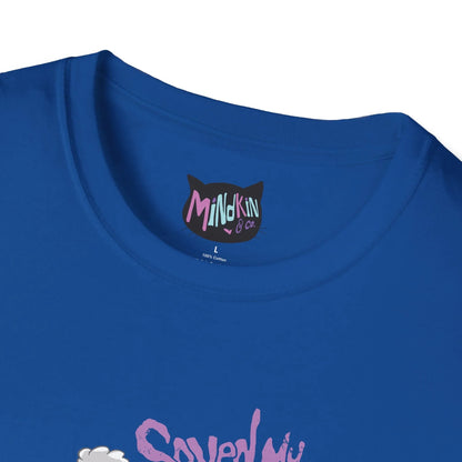Close-up of a royal blue t-shirt ribbed collar featuring a colorful label with "Mindkin & Co." in pastel colors inside a cat silhouette. Displays a playful, retro design.