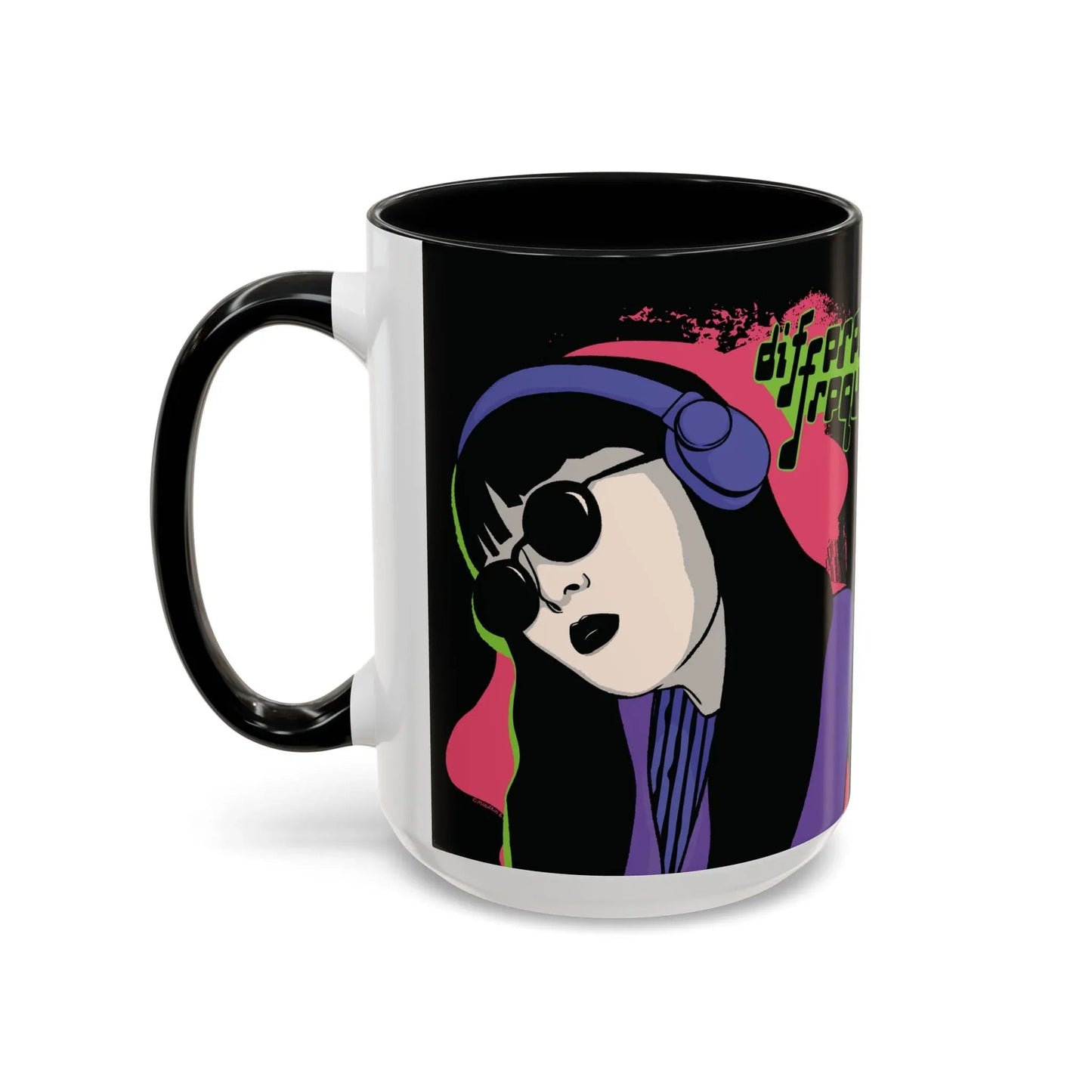 A sleek glossy black mug featuring an illustration of a girl with long dark hair, wearing sunglasses and headphones, neon green text says "different frequency" beside her. The style is grunge and retro.