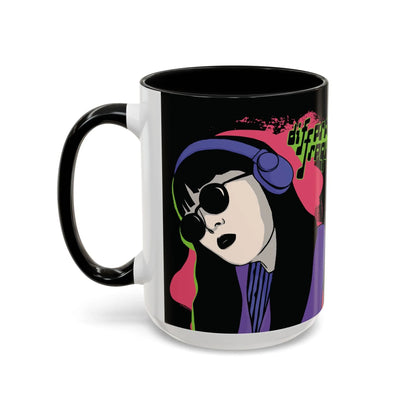A sleek glossy black mug featuring an illustration of a girl with long dark hair, wearing sunglasses and headphones, neon green text says "different frequency" beside her. The style is grunge and retro.